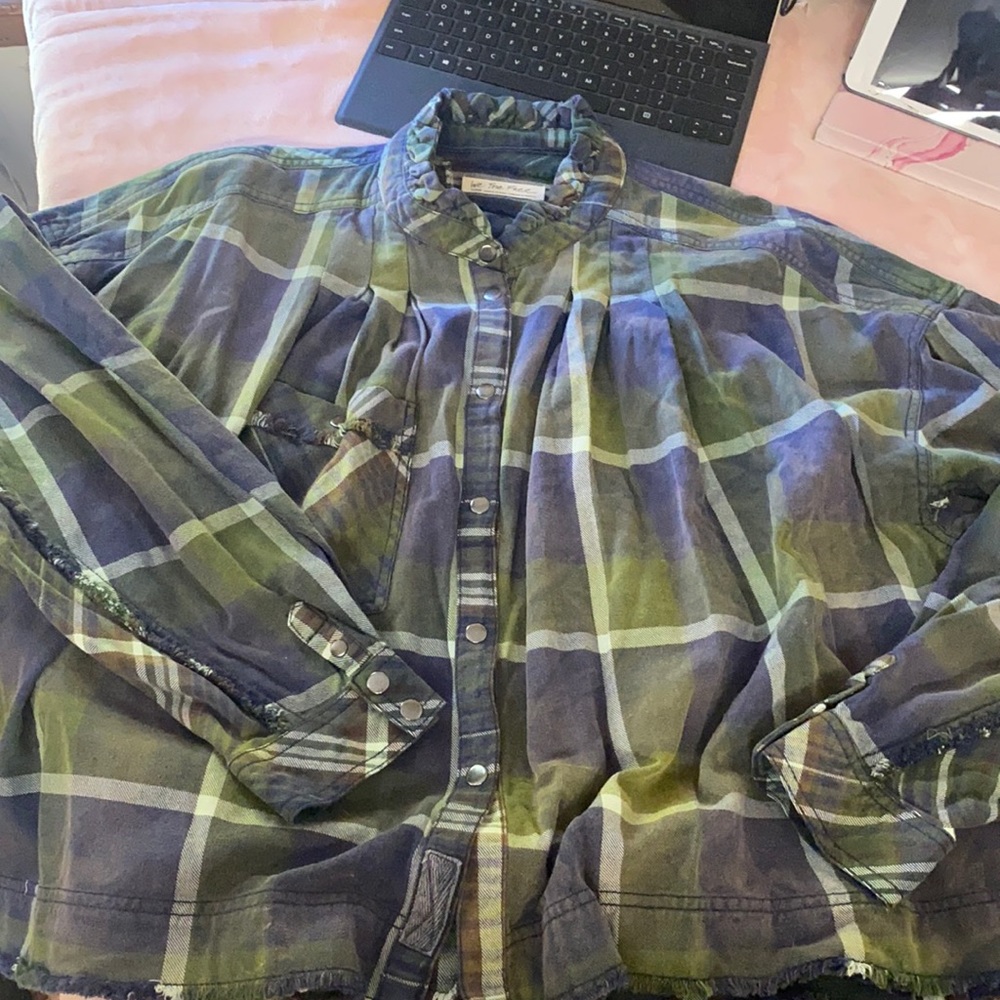 We The Free Olive and Navy Plaid Button-Down Shirt